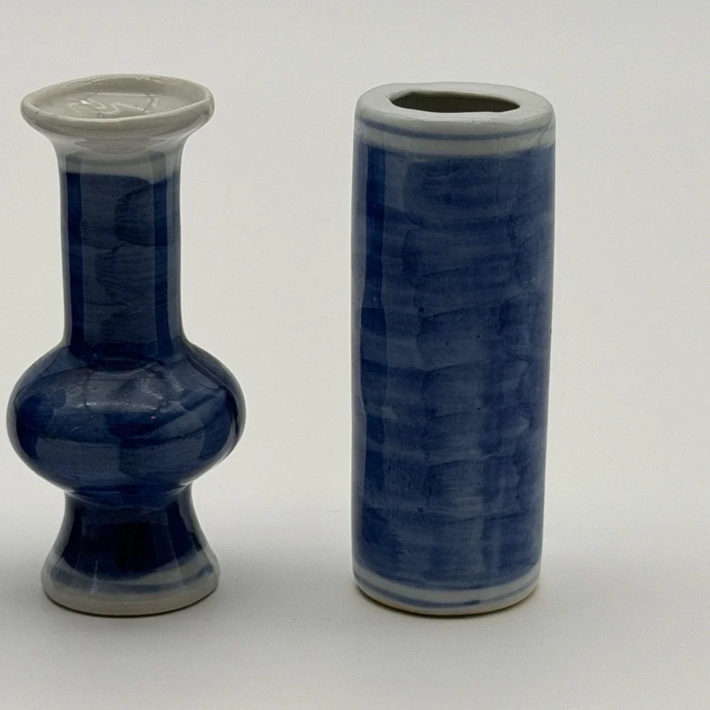 Set of 3 Blue and White Porcelain Miniature Bud Vases Cherry Blossom Floral